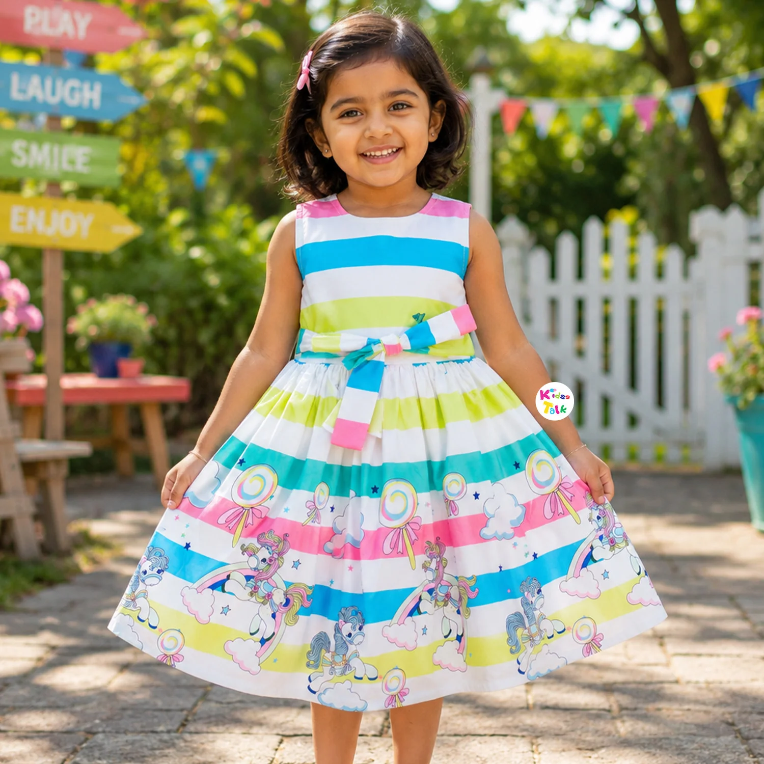 Poly Blend Sleeveless Frock With Cute Stripes Print - Ice Blue